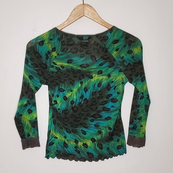 Playful Peacock Brightly Colored Leopard Blend V-Neck with Lace Edging - Picture 8 of 13
